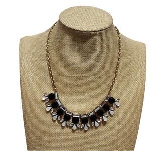 J. Crew Gold Tone Black White Clear Crystal Bib Statement Necklace Adjustable